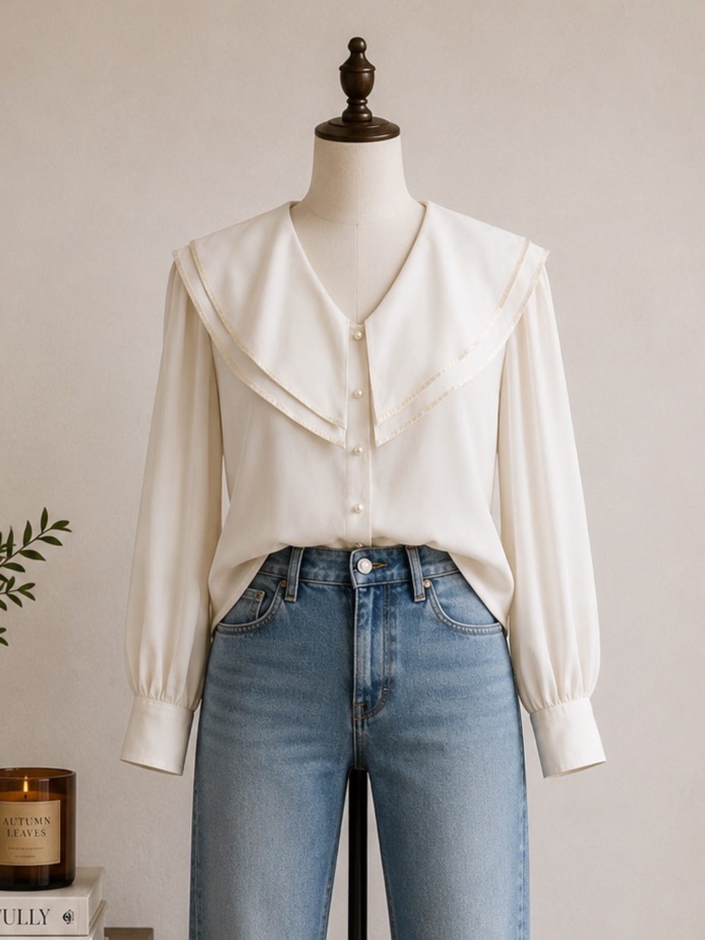 Vintage 90s Ivory Sailor Collar Pearl Button Blouse Coquette Preppy Size 3/4